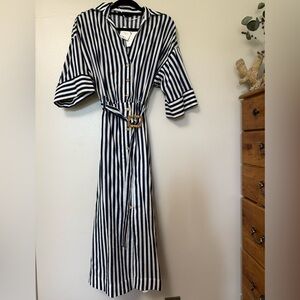 NEW Zara linen blend Striped Navy and White Belted Shirt Dress